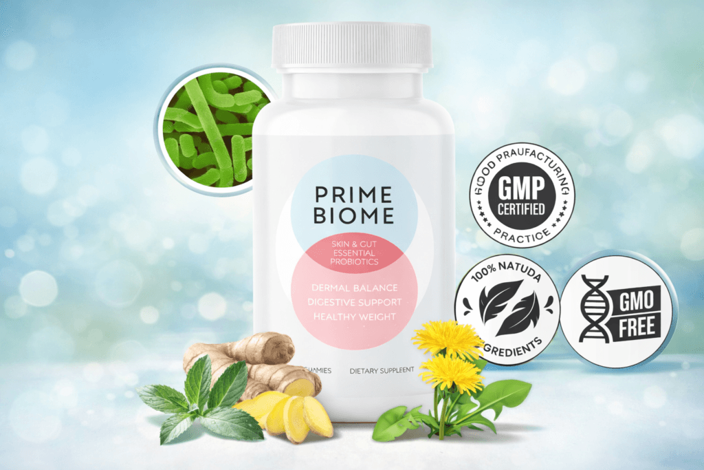 PrimeBiome gut-skin probiotic gummies bottle
