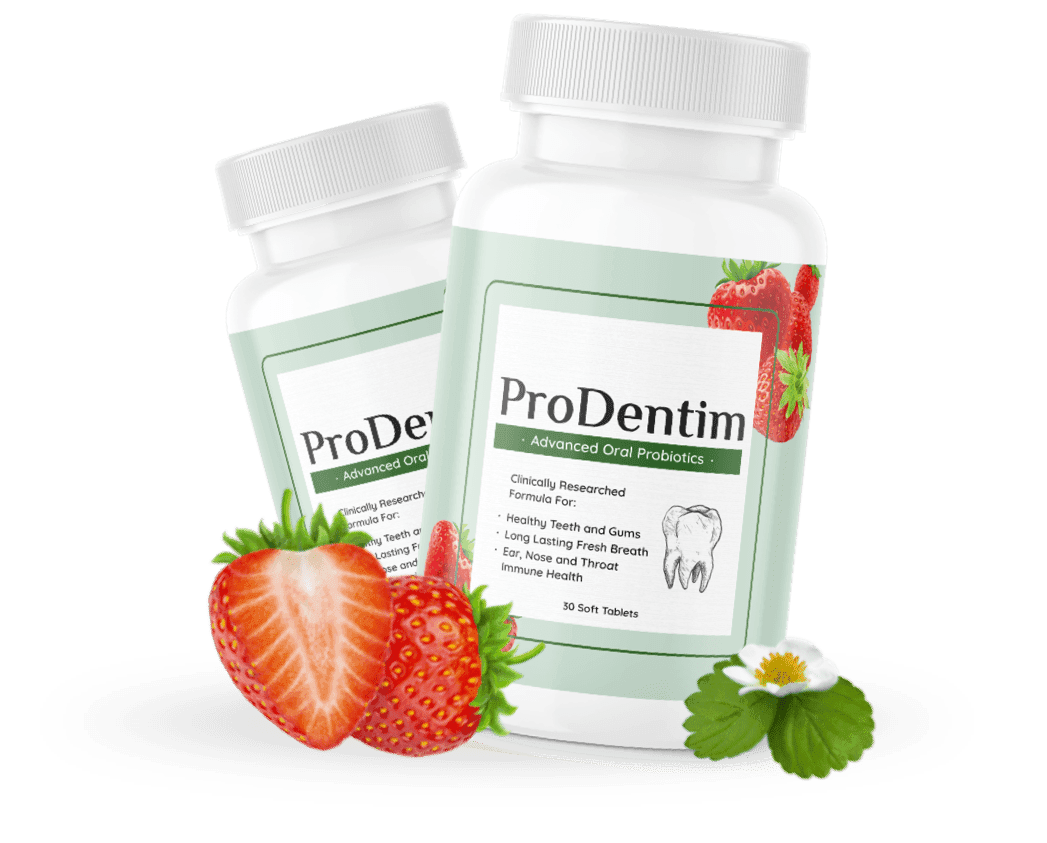 ProDentim probiotic tablets next to fresh strawberries and mint leaves